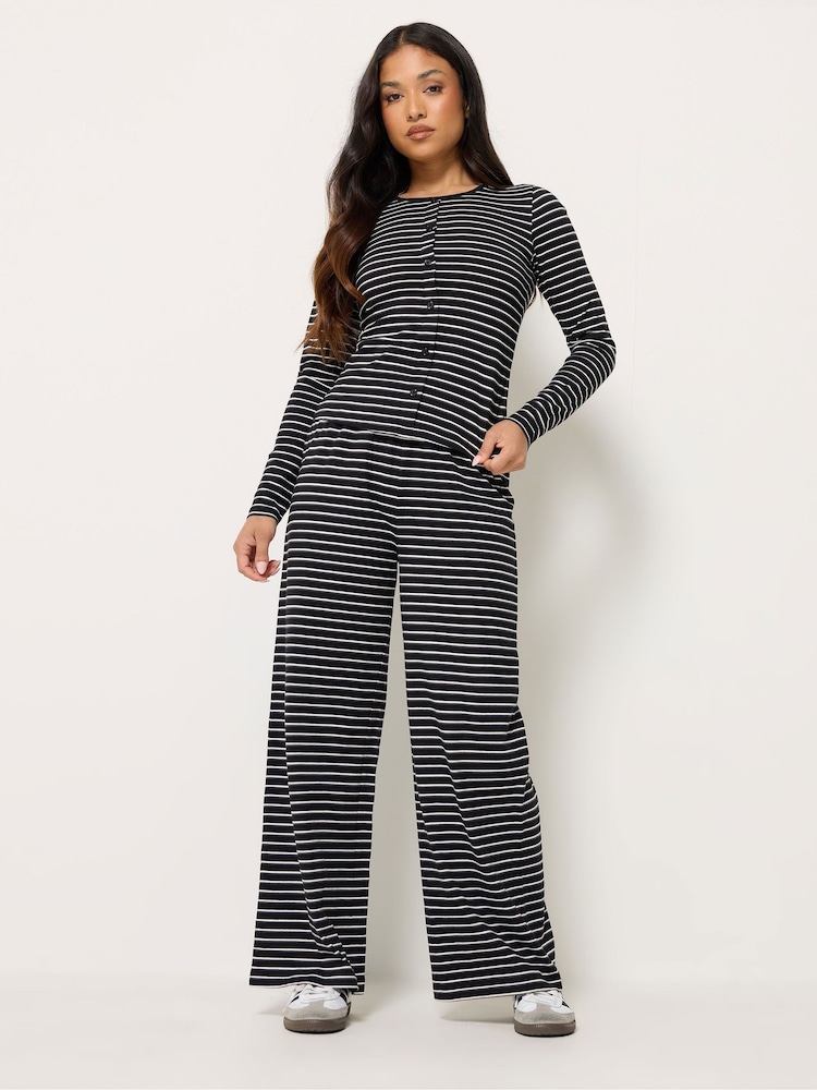 PixieGirl Petite Black Stripe Cotton Button Top & Wide Leg Trousers Set - Image 1 of 4 PixieGirl Petite Black Stripe Cotton Button Top & Wide Leg Trousers Set - Image 1 of 4