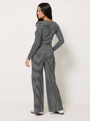 PixieGirl Petite Black Stripe Cotton Button Top & Wide Leg Trousers Set - Image 3 of 4