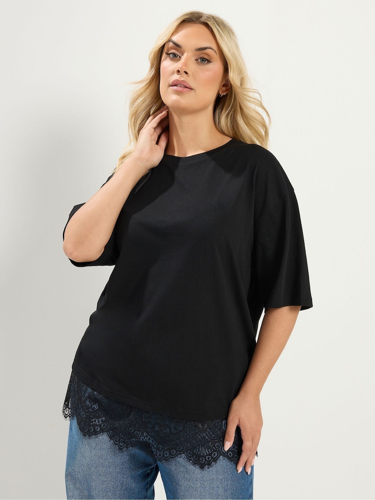 Yours Curve Black Lace T-Shirt - Image 1 of 4