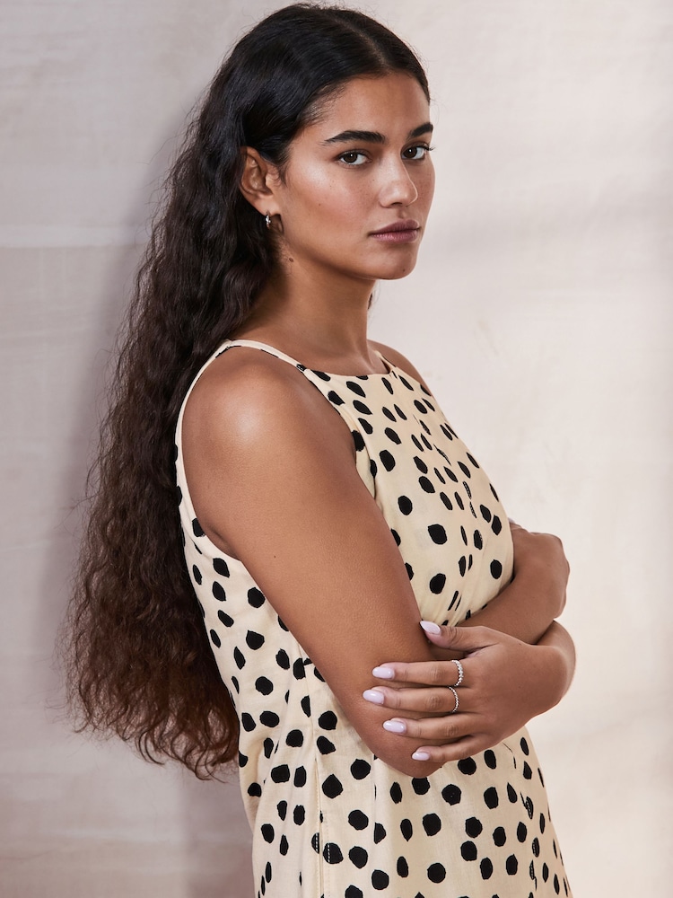 Buy Cream/Black Polka Dot Mini Sleeveless Racer Stretch Linen Blend Dress  from Next Luxembourg