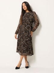 M&Co Brown Petite Printed Pleated Chiffon Dress - Image 1 of 6