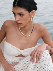 Ottoman Hands Gold Waterproof Lapis and Pink Jade Beaded Necklace - Image 2 of 6