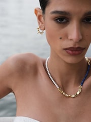 Ottoman Hands Gold Waterproof Lapis and Pink Jade Beaded Necklace - Image 3 of 6