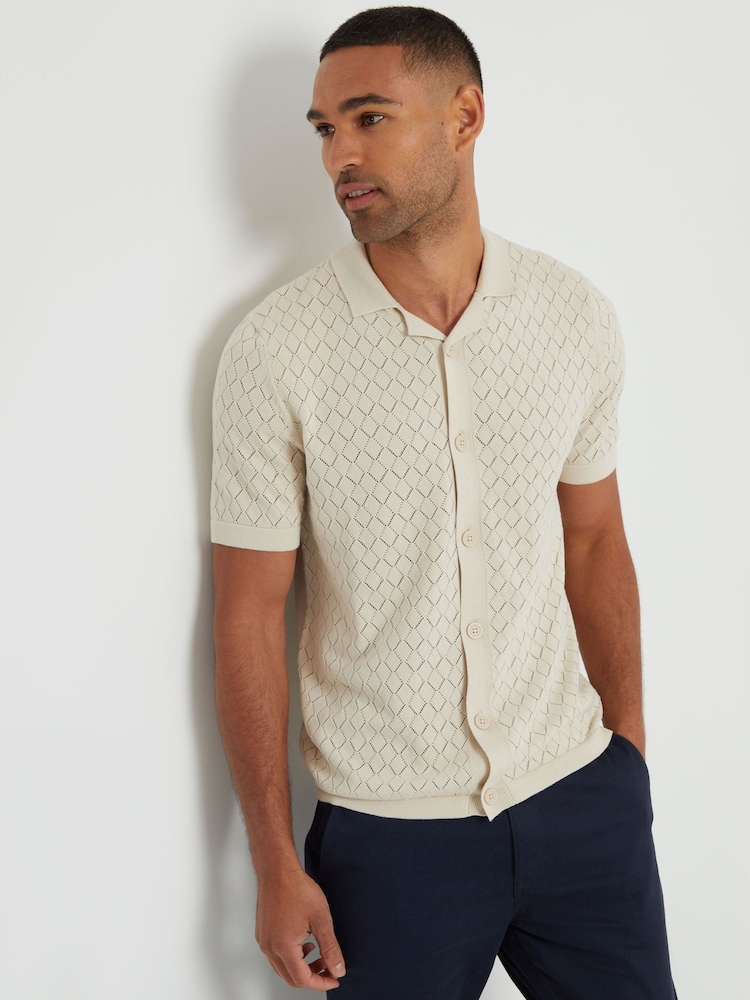 Threadbare Bleach 100% Cotton Pointelle Revere Collar Short Sleeve Knitted Shirt - Image 4 of 4