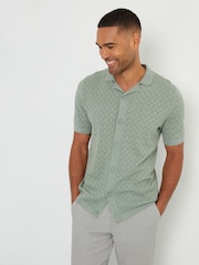 Threadbare Green 100% Cotton Pointelle Revere Collar Short Sleeve Knitted Shirt - Image 1 of 3