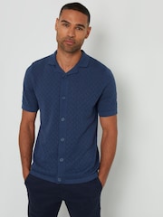 Threadbare Blue 100% Cotton Pointelle Revere Collar Short Sleeve Knitted Shirt - Image 1 of 4