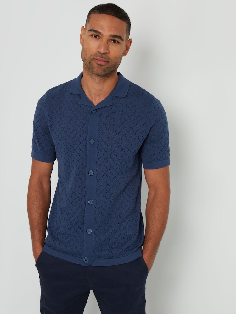 Threadbare Blue 100% Cotton Pointelle Revere Collar Short Sleeve Knitted Shirt - Image 1 of 4