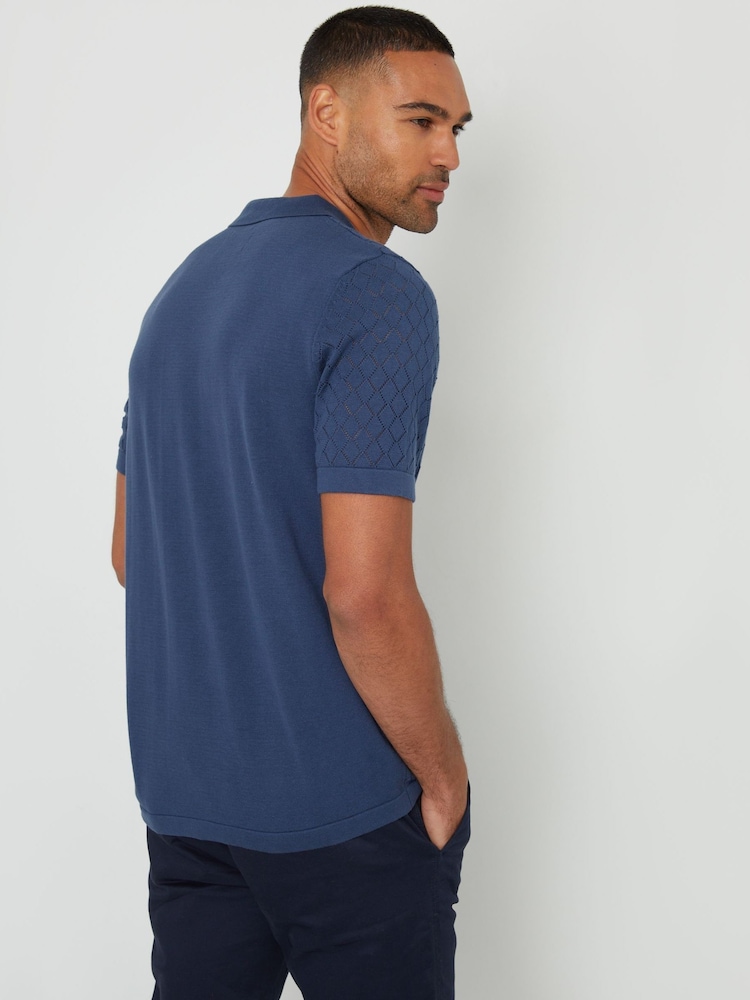 Threadbare Blue 100% Cotton Pointelle Revere Collar Short Sleeve Knitted Shirt - Image 2 of 4