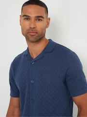 Threadbare Blue 100% Cotton Pointelle Revere Collar Short Sleeve Knitted Shirt - Image 3 of 4