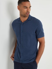 Threadbare Blue 100% Cotton Pointelle Revere Collar Short Sleeve Knitted Shirt - Image 4 of 4
