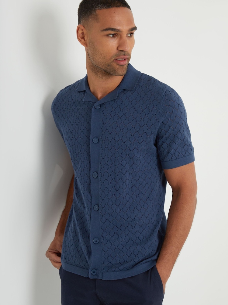 Threadbare Blue 100% Cotton Pointelle Revere Collar Short Sleeve Knitted Shirt - Image 4 of 4
