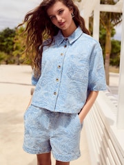 Blue Leaf Jacquard 100% Cotton Short Sleeve Denim Short - Image 2 of 7