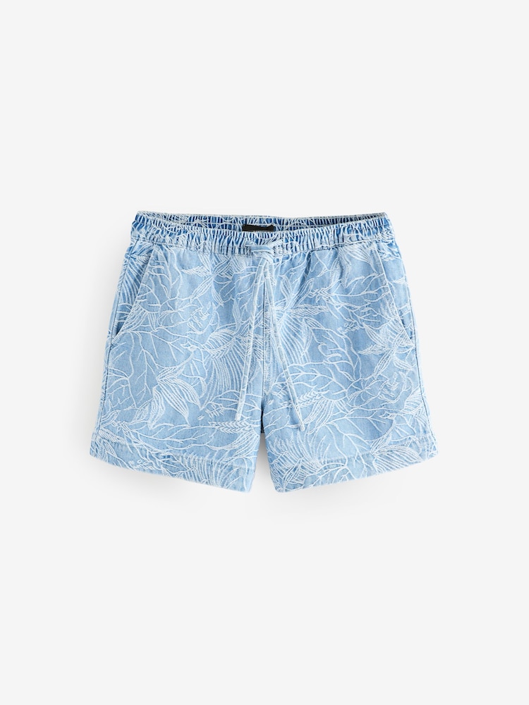 Jacquard feuille Bleu - 100% Coton Manches courtes  Denim Short - Image 5 of 7