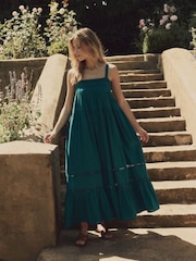 Laura Ashley Teal Blue Lace Strap 100% Cotton Maxi Dress - Image 1 of 15