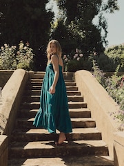 Laura Ashley Teal Blue Lace Strap 100% Cotton Maxi Dress - Image 3 of 15