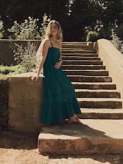 Laura Ashley Teal Blue Lace Strap 100% Cotton Maxi Dress - Image 5 of 15