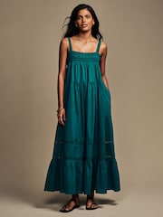 Laura Ashley Teal Blue Lace Strap 100% Cotton Maxi Dress - Image 7 of 15