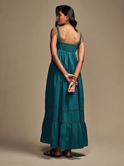 Laura Ashley Teal Blue Lace Strap 100% Cotton Maxi Dress - Image 8 of 15