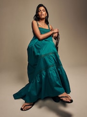 Laura Ashley Teal Blue Lace Strap 100% Cotton Maxi Dress - Image 9 of 15