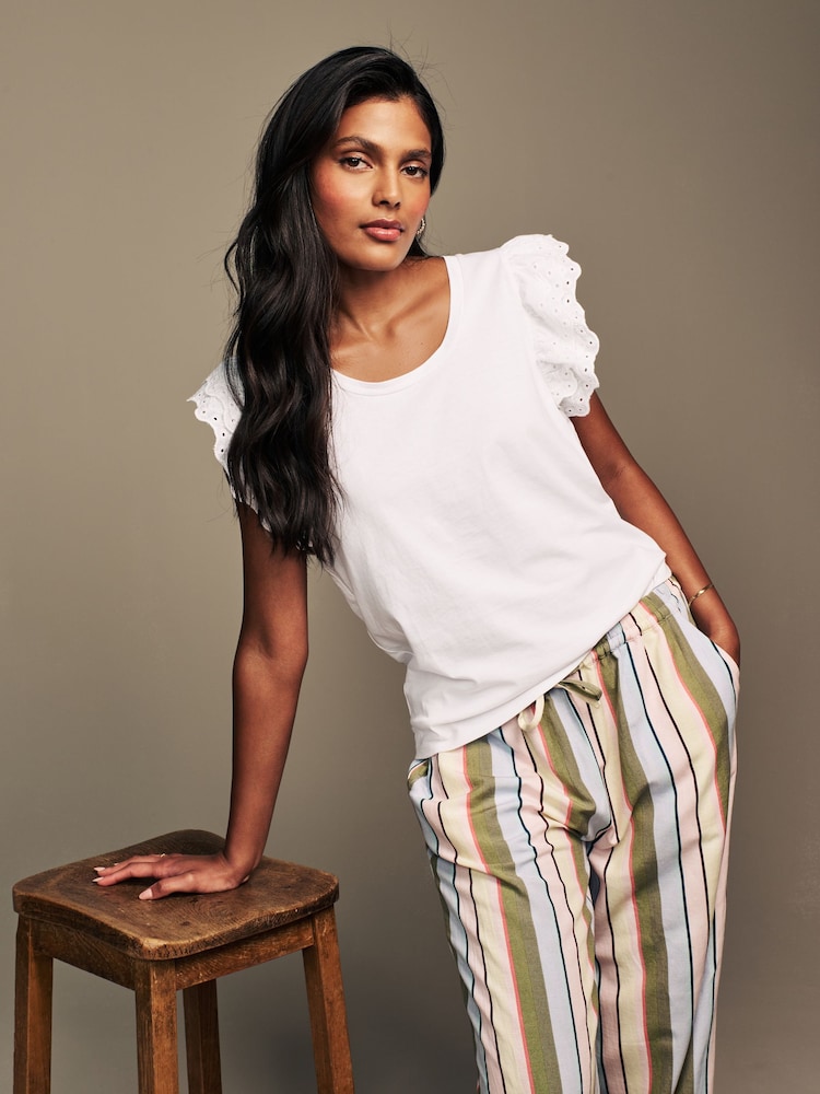 Laura Ashley White Broderie Frill 100% Cotton T-Shirt - Image 1 of 7