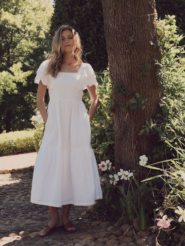 Laura Ashley White Ruffle Sleeve 100% Cotton Dress with Lace Trims - Image 11 of 17