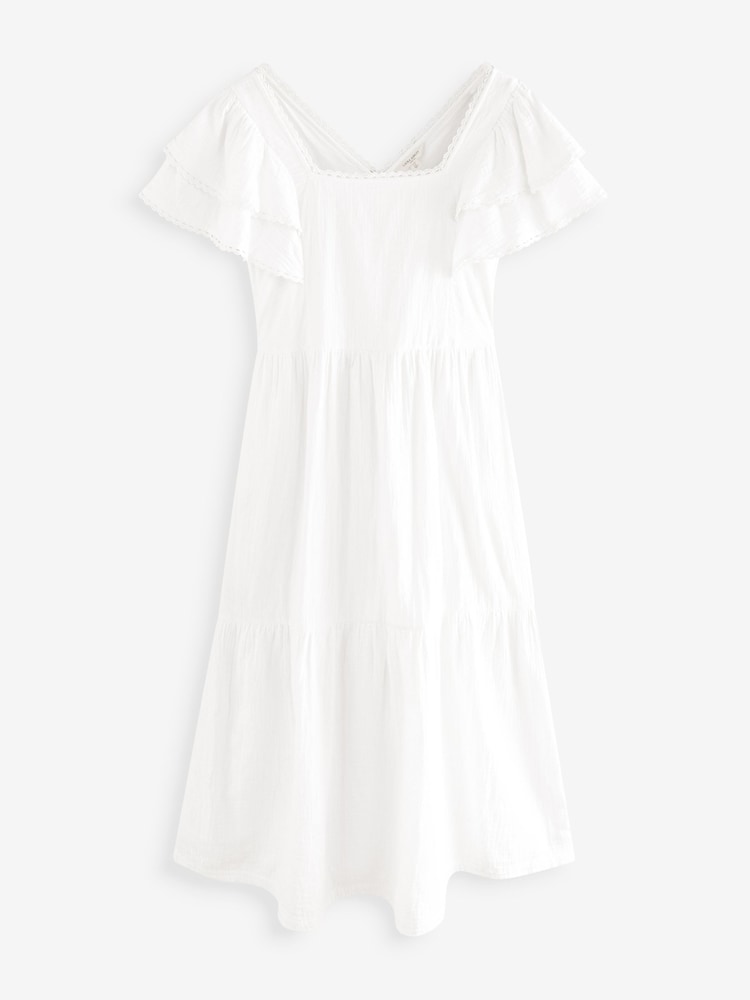 Laura Ashley White Ruffle Sleeve 100% Cotton Dress with Lace Trims - Image 15 of 17