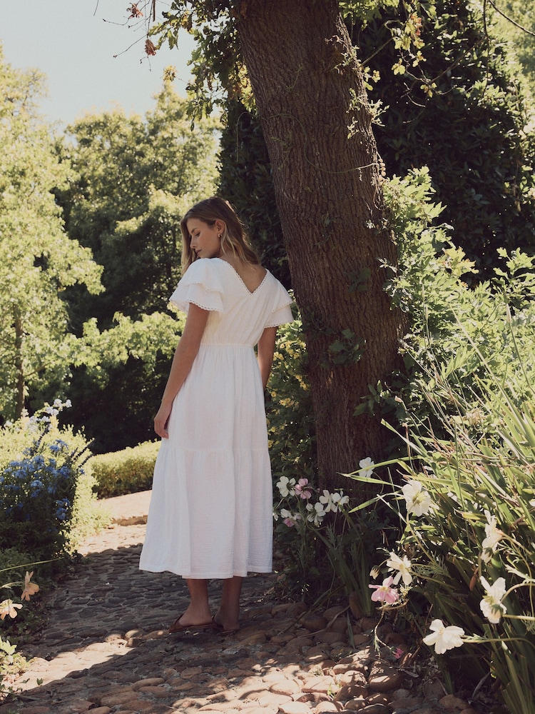 Laura Ashley White Ruffle Sleeve 100% Cotton Dress with Lace Trims - Image 9 of 17