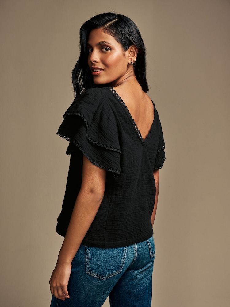 Laura Ashley Black Ruffle Sleeve 100% Cotton Top with Lace Trims - Image 2 of 11 Laura Ashley Black Ruffle Sleeve 100% Cotton Top with Lace Trims - Image 2 of 11