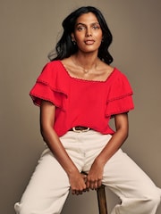 Rouge - Laura Ashley Ruffle Sleeve 100% Cotton Top with Lace Trims - Image 1 de 6