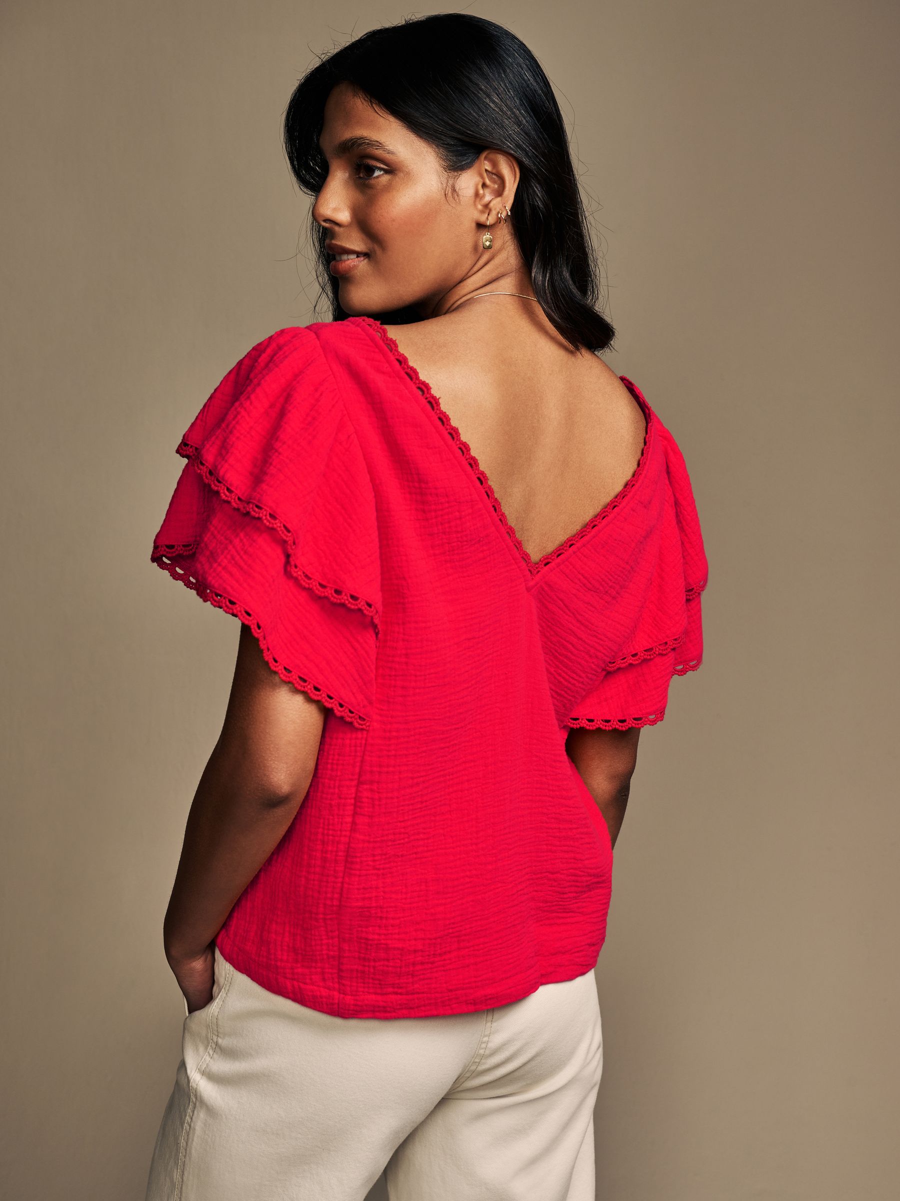 Buy Laura Ashley Red Ruffle Sleeve 100% Cotton Top with Lace Trims from ...