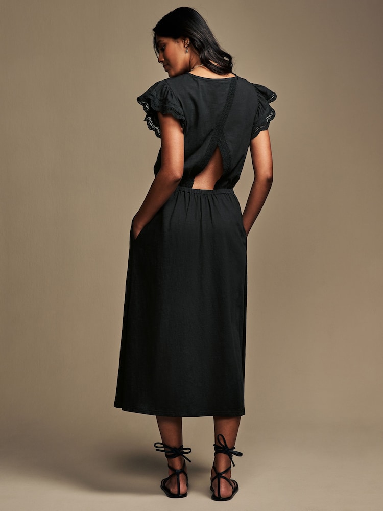 Laura Ashley Black Broderie Frill Sleeve 100% Cotton Jersey Dress - Image 2 of 7