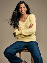 Laura Ashley Lemon Yellow Pointelle V-Neck Jumper - Image 1 of 8