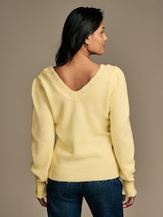 Laura Ashley Lemon Yellow Pointelle V-Neck Jumper - Image 5 of 8