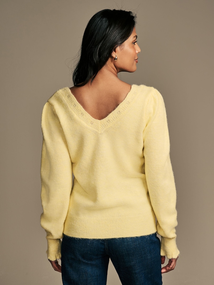 Galben lămâie - Laura Ashley Pointelle V-Neck Jumper - Image 5 of 8