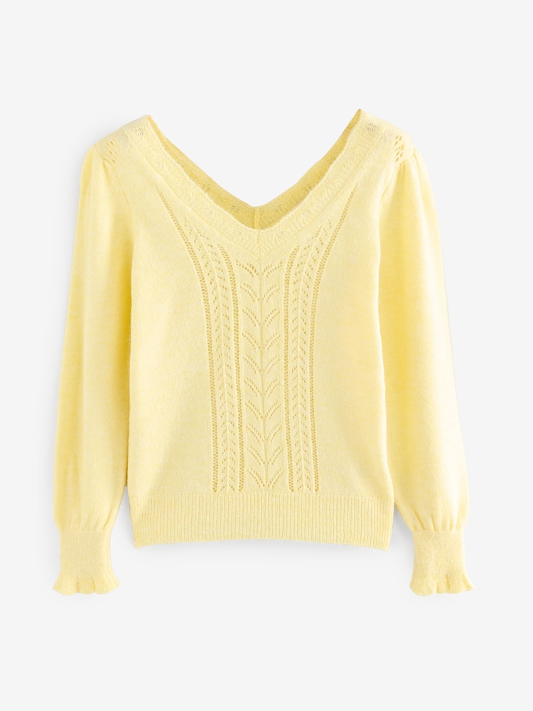 Galben lămâie - Laura Ashley Pointelle V-Neck Jumper - Image 6 of 8