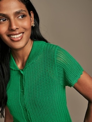 Laura Ashley Green Button Down Crochet Knit Top - Image 4 of 5