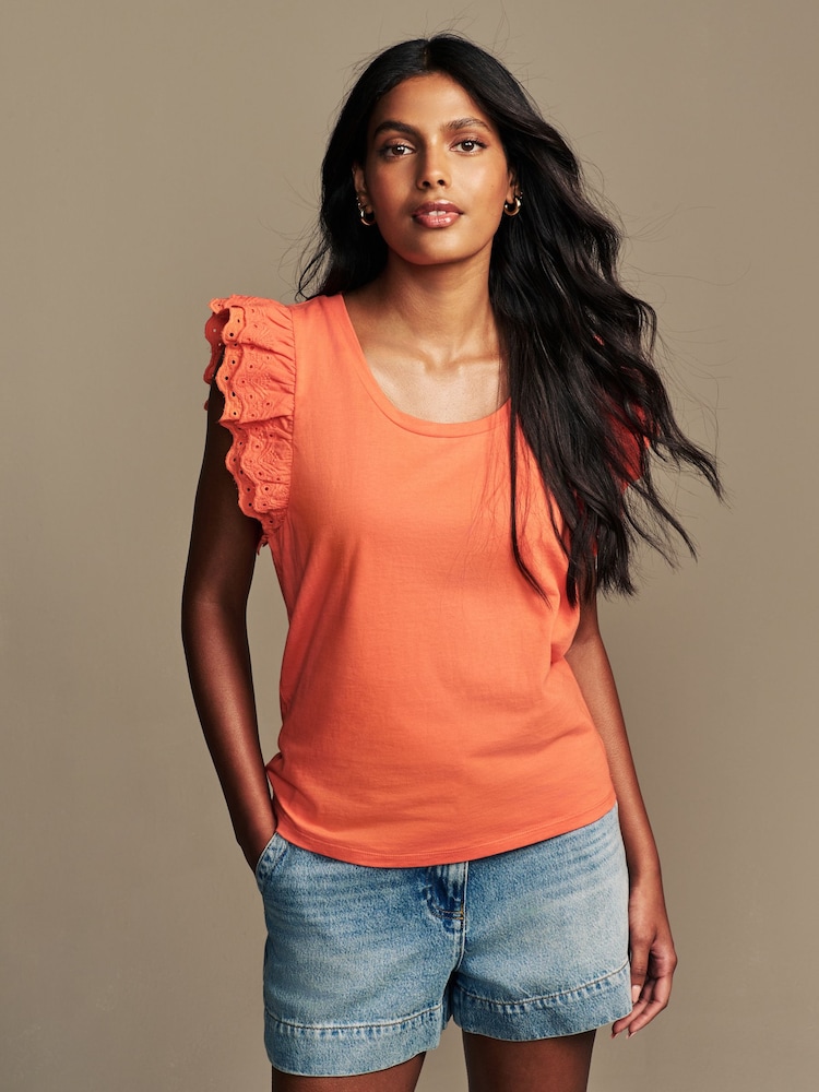 Laura Ashley Coral Pink Broderie Frill 100% Cotton T-Shirt - Image 1 of 9