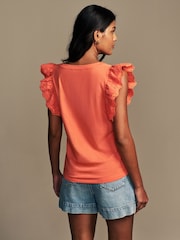 Laura Ashley Coral Pink Broderie Frill 100% Cotton T-Shirt - Image 4 of 9
