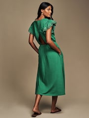 Laura Ashley Green Broderie Frill Sleeve 100% Cotton Jersey Dress - Image 2 of 7