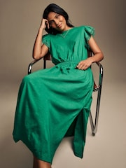 Laura Ashley Green Broderie Frill Sleeve 100% Cotton Jersey Dress - Image 4 of 7