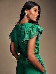 Laura Ashley Green Broderie Frill Sleeve 100% Cotton Jersey Dress - Image 5 of 7
