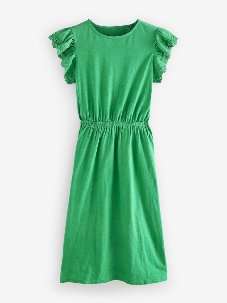 Laura Ashley Green Broderie Frill Sleeve 100% Cotton Jersey Dress - Image 7 of 7