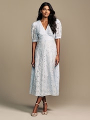 Laura Ashley Blue Floral Print Lace Midaxi Dress - Image 1 of 7