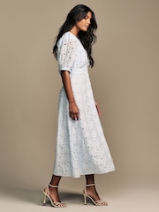 Laura Ashley Blue Floral Print Lace Midaxi Dress - Image 2 of 7