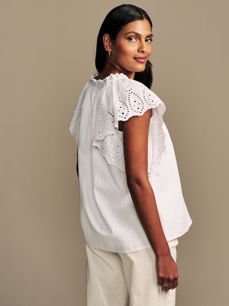 Laura Ashley White Seersucker Broderie 100% Cotton Blouse - Image 2 of 9