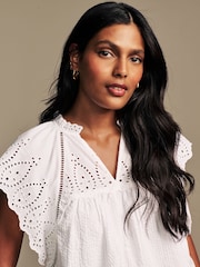 Laura Ashley White Seersucker Broderie 100% Cotton Blouse - Image 5 of 9