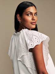 Laura Ashley White Seersucker Broderie 100% Cotton Blouse - Image 6 of 9