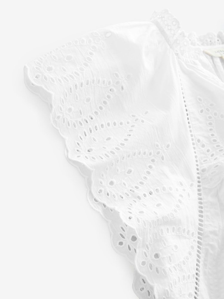 Laura Ashley White Seersucker Broderie 100% Cotton Blouse - Image 8 of 9
