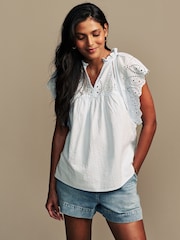 Laura Ashley Blue Seersucker Broderie 100% Cotton Blouse - Image 1 of 9