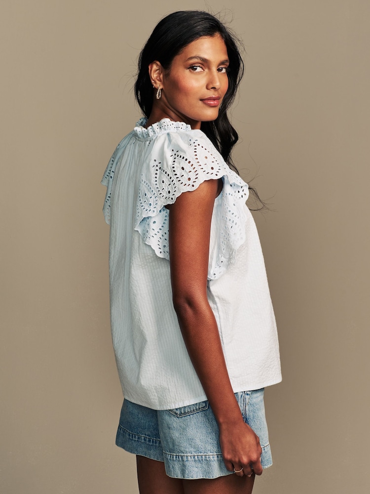 Laura Ashley Blue Seersucker Broderie 100% Cotton Blouse - Image 2 of 9
